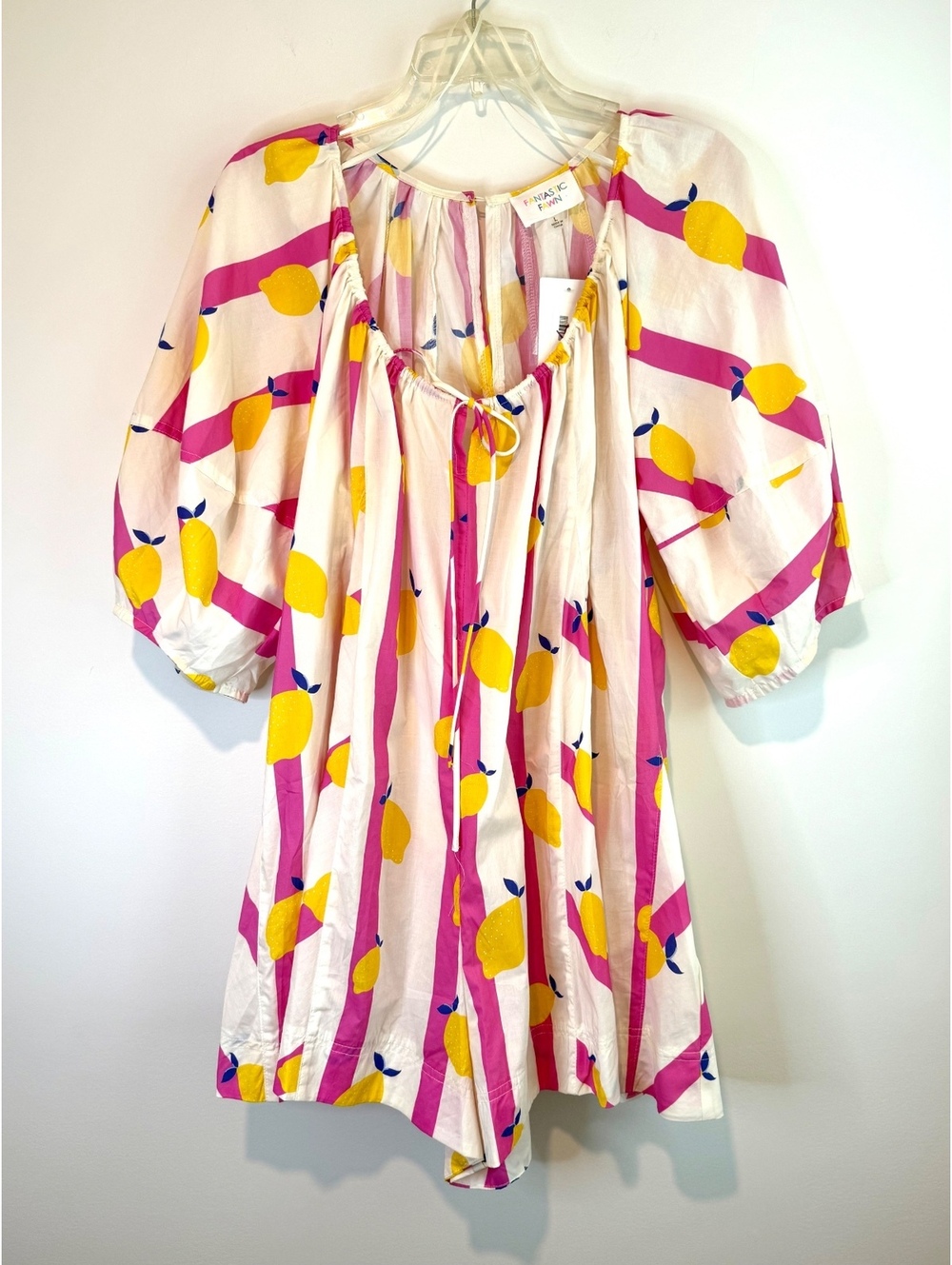 Fantastic Fawn Women's Romper with Lemon Print and Puff Sleeves, Size Large